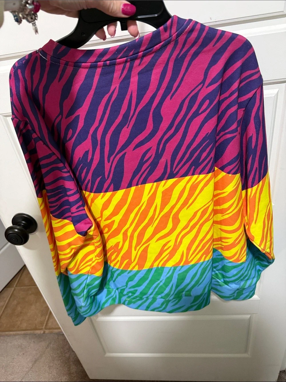 QUEEN OF SPARKLES Multi-Color Zebra tiger  Stripe Jewel-Trim Sweatshirt